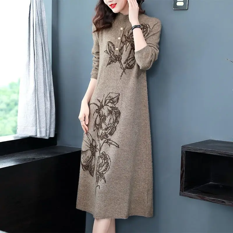 Vestido de punto Jacquard de gran tamaño para mujer, Cuello medio alto, hasta la rodilla, Vintage, botones, parte inferior