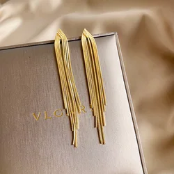 Pendientes de gota de borla de hilo larga para mujer, aretes de barra de Color dorado Vintage, joyería de boda coreana geométrica brillante, nueva moda