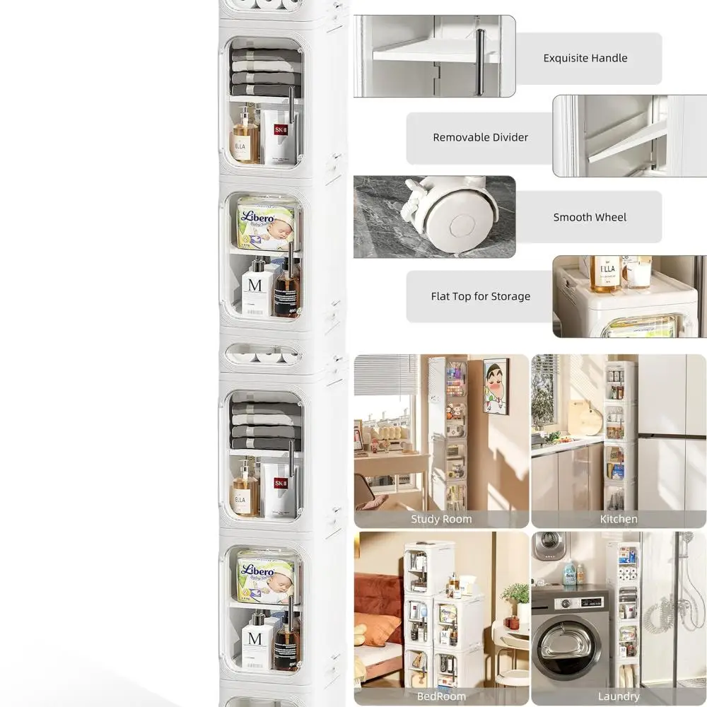 

Узкий шкаф для хранения в ванной комнате с подвижными колесами, тонкий шкаф для хранения с 4-мя дверцами и съемной панелью, узкая ванная комната