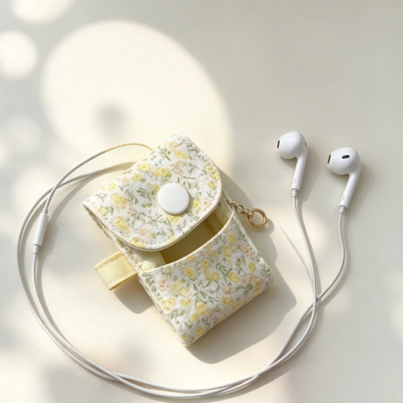 Floral Printed Fabric Snap Closure Storage Bag, Foldable Portable Travel Organizer Pouch for Jewelry, Earbuds & Data Cables