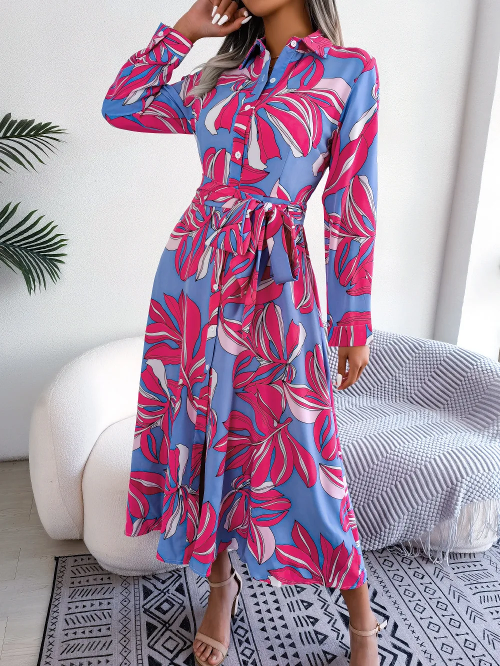 Spring Summer Ladies Contrast Floral Polo Collar Lace Up Shirt Dress Women Single Breasted Long Dress
