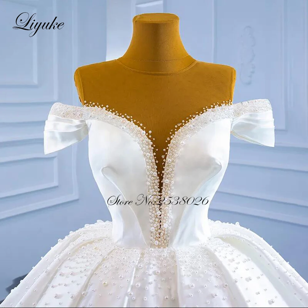 Liyuke Ruched Skirt Pleats Satin Wedding Dress Off Shoulder Pearls V Neck Bridal Gowns