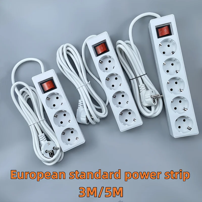 EU Home Standard German Type Power Strip 3/4/5 Sockets in Row Flat Adapter Light Switch with Surge Protector Extension Cable 3M