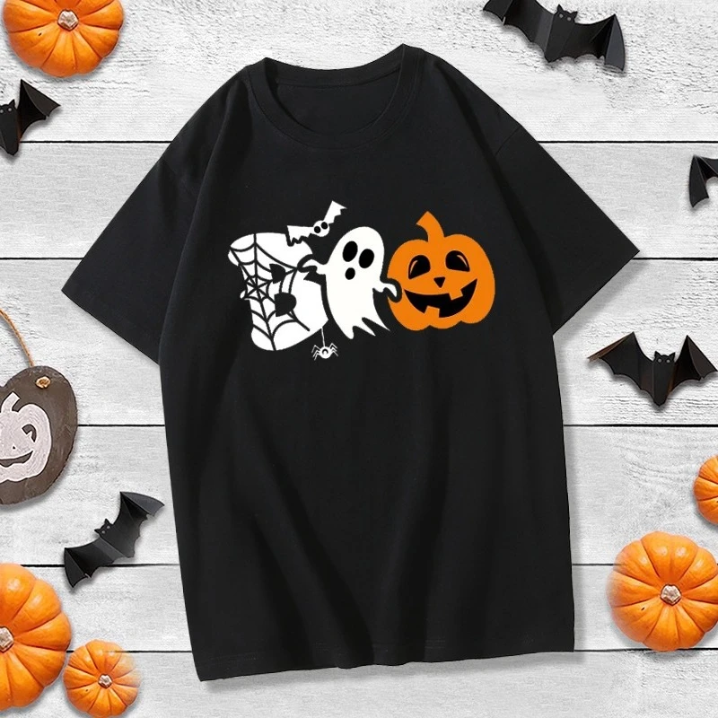 Kaos Halloween Motif Labu Kartun Hitam untuk Anak Laki-laki dan Perempuan Lengan Pendek 2025 Gaya Baru Katun Murni Atasan Setengah Lengan