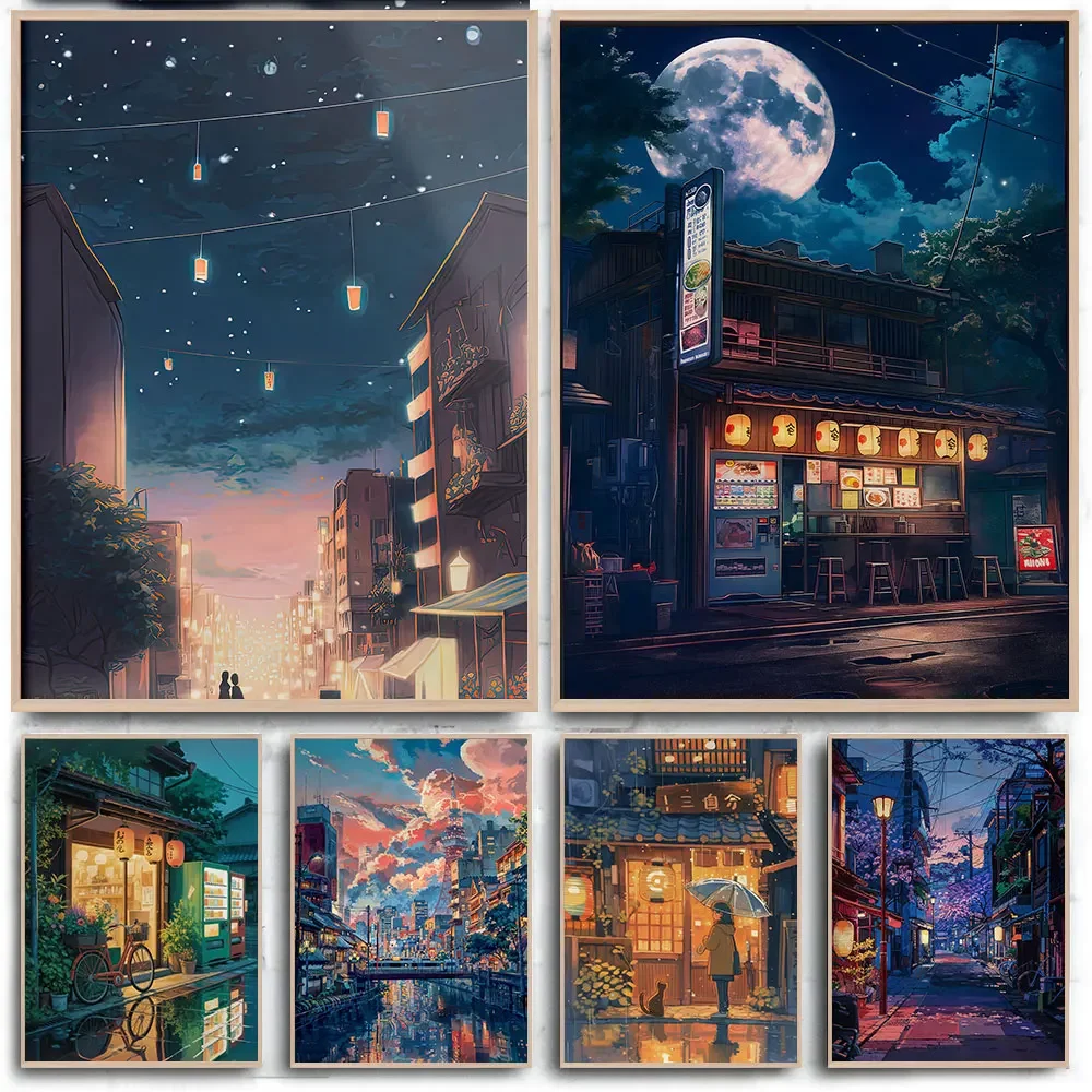 Anime Cafe Shop and Bicycle Canvas Poster Ghibli Work Anime Style Street Cafe Scene Wall Art Printing for Living Room Home De