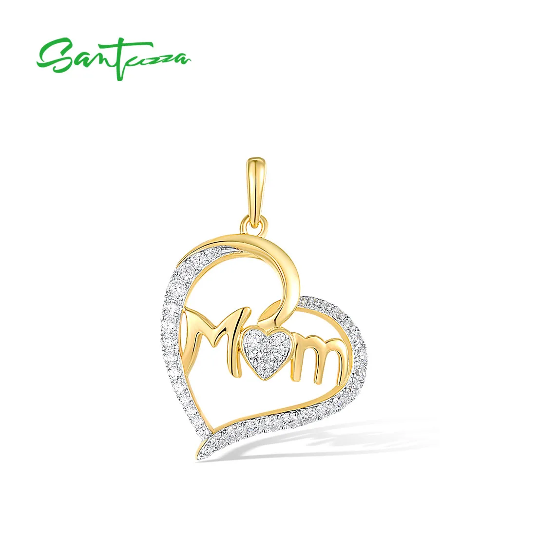 SANTUZZA 925 Sterling Silver Pendant for Women White Cubic Zirconia Double Heart Mothers Day Classic Delicate Fine Chic Jewelry