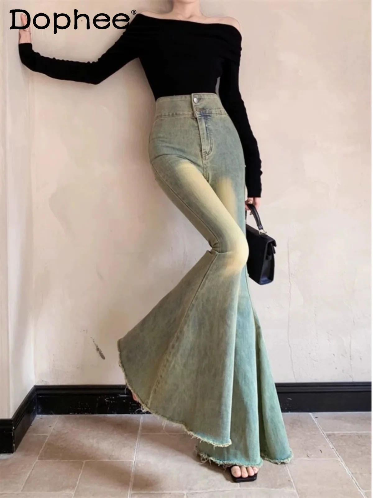 

Korean Style Hot Girl Flared Jeans 2024 Spring New Retro High Waist Slimming Frayed Temperament Wide-Leg Pants Women Clothing