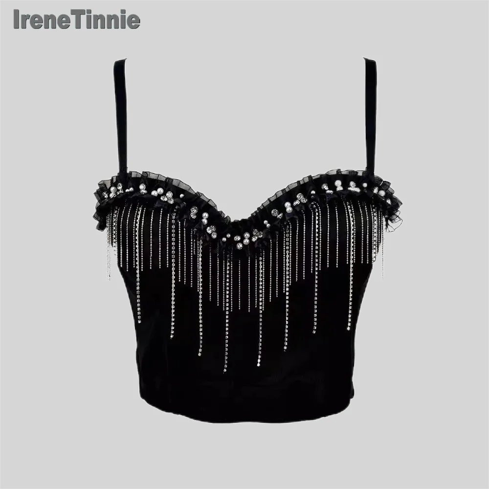 IRENE TINNIE 2024 Fashion Short Crop Top Black Chain Bustiers Sexy Corset Fashion Tank Top Women Binder Corset Bra Y2K Clothes