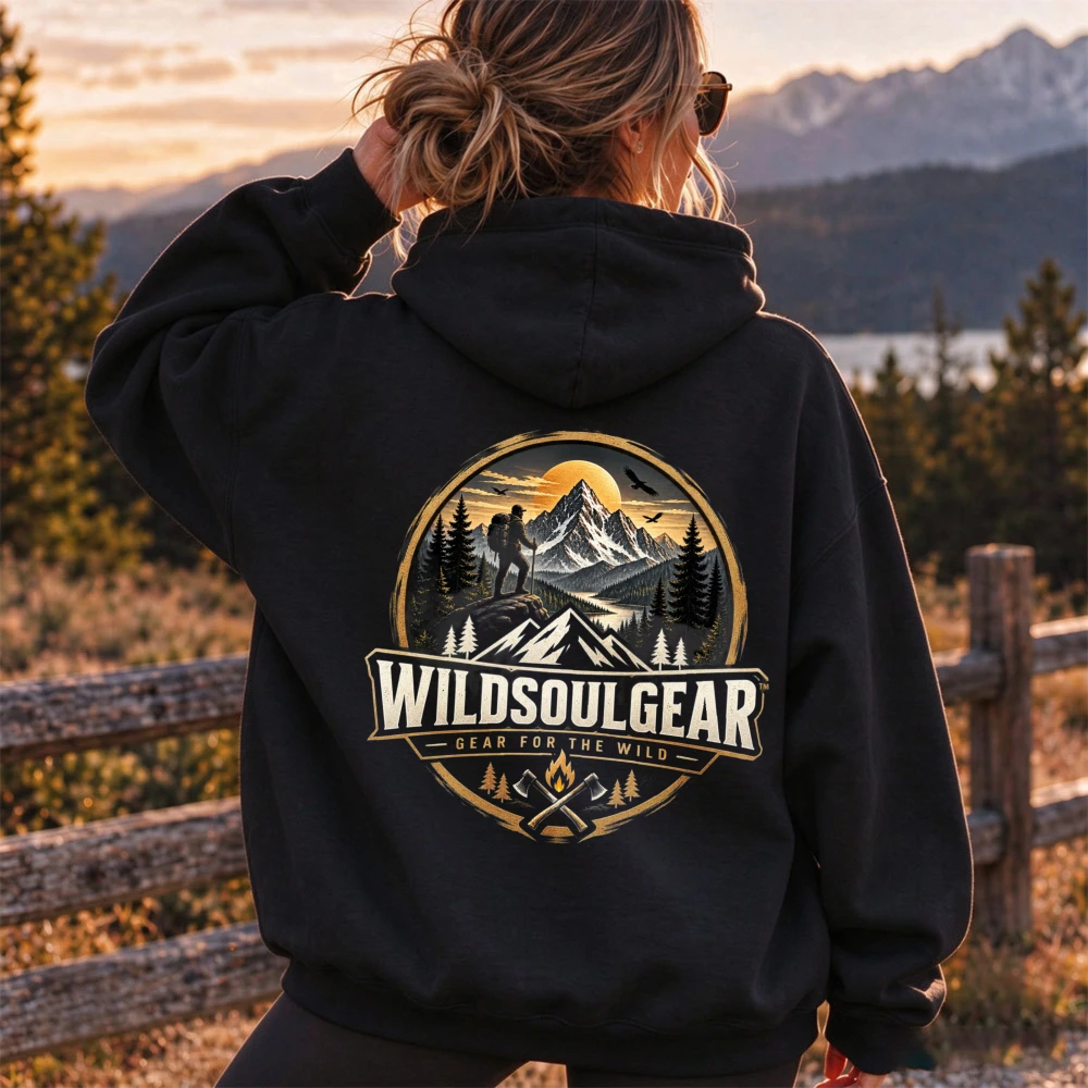 WildSoulGear Mountain Forest Campfire Graphic Hoodie Unisex Outdoor Wilderness Back Print Pullover Camping Hiking Casual Street