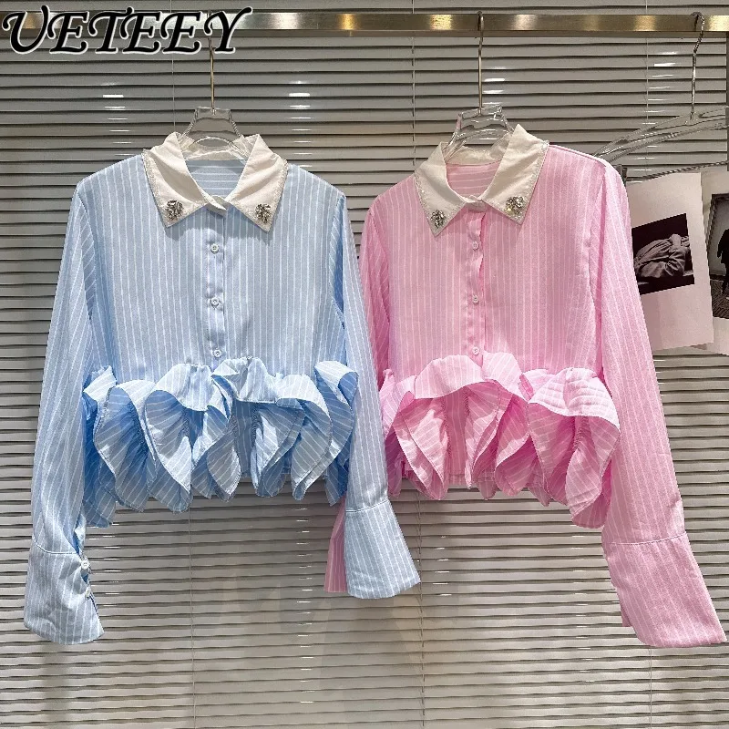 

Новая модная женская укороченная блузка с плиссировкой и стразами на воротнике, универсальная рубашка с длинным рукавом и вертикальными полосками, коллекция Весна 2026