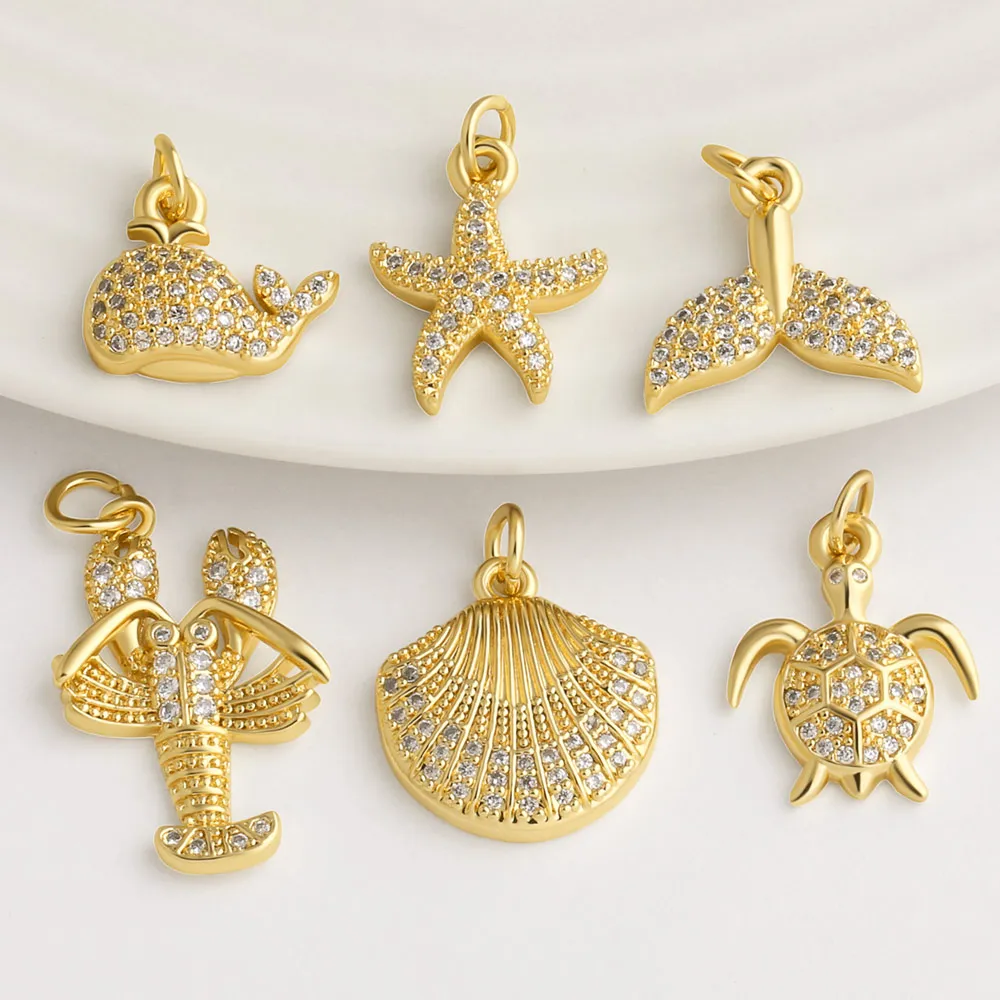 OCESRIO Small Ocean Whale Turtle Starfish CZ Dangle Charm for Bracelet DIY Copper Gold Plated Beach Animal Pendant chma702