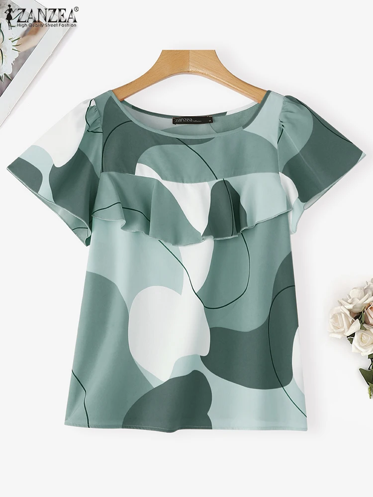 

ZANZEA, женские блузки, винтажные рубашки с принтом, лето 2025 года, туника с короткими рукавами, топы с рюшами, повседневные богемные свободные Blusas Femininas