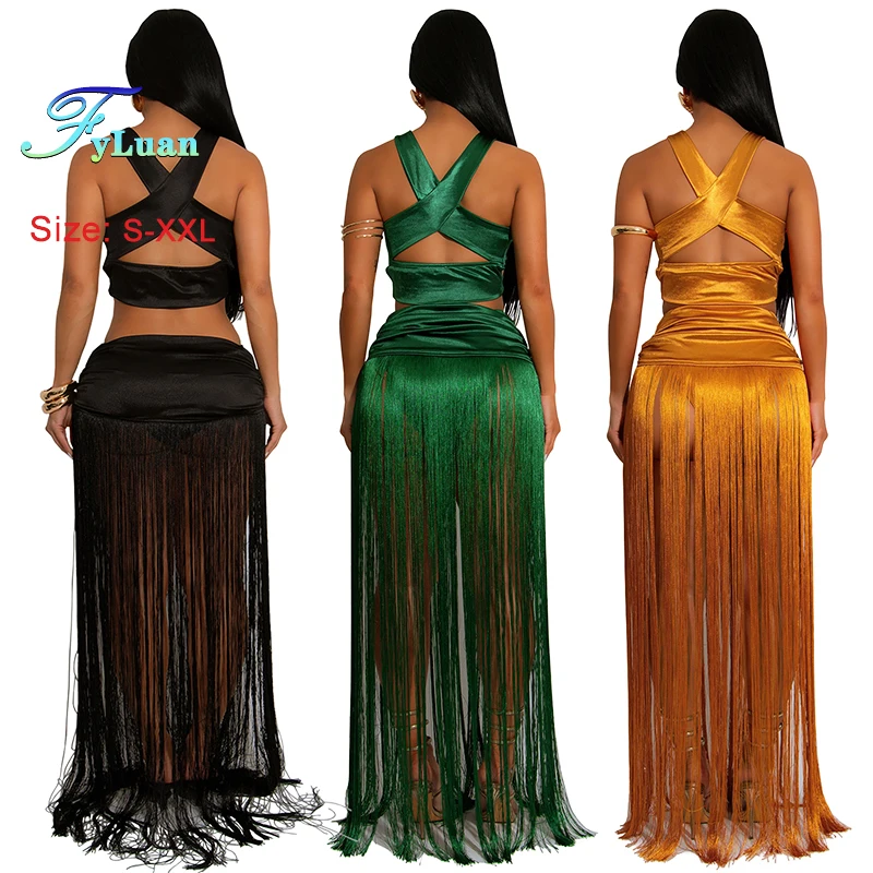 Fashion Women Clothes Sexy Top Tassels Long Dress Two-Piece Set Solid Color Suspender Skirt Sets Cocktail Prom Nightclub Clothes