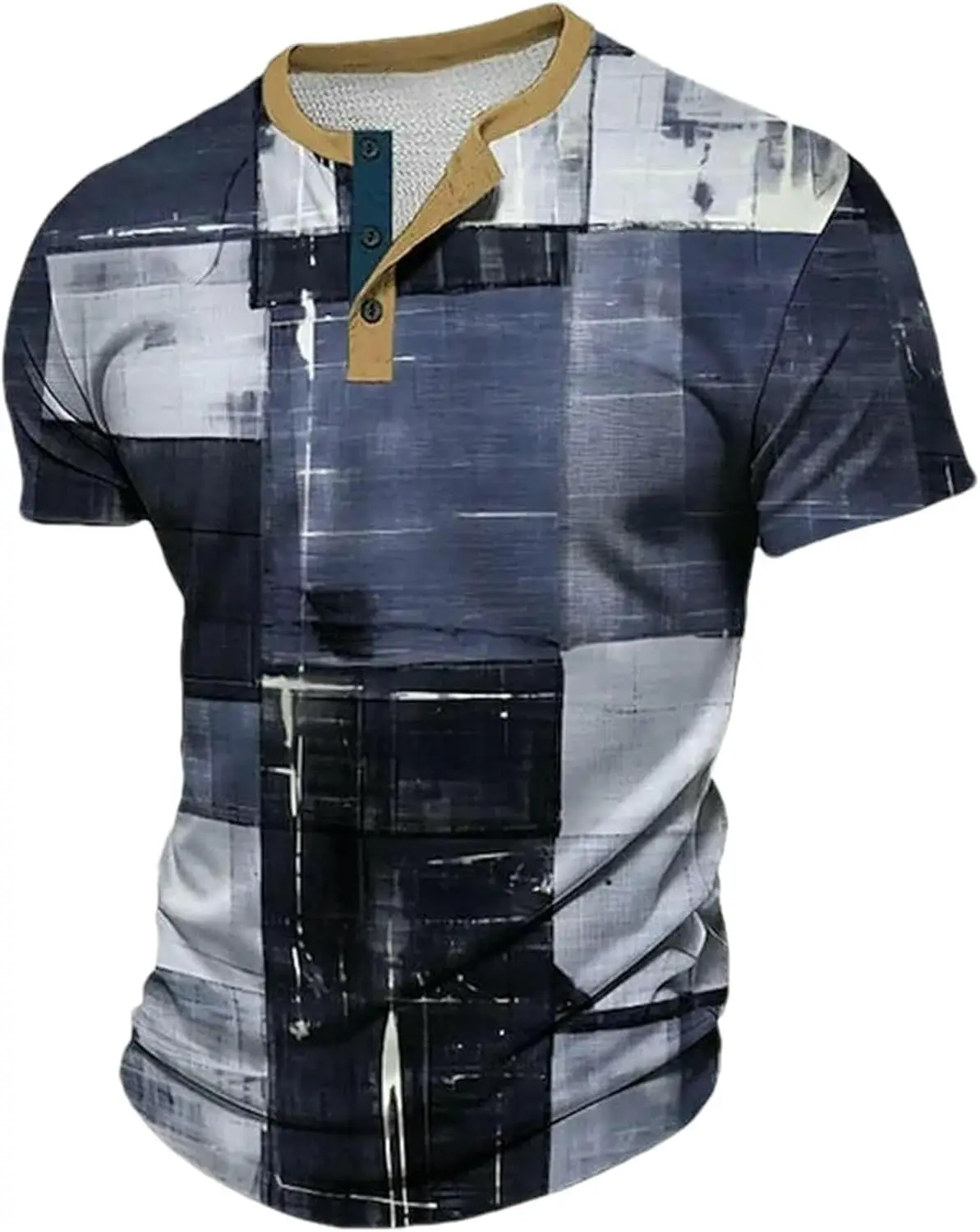 

Summer Men's Casual Henley T-Shirt 3D Print Plaid Graphic Round Neck Button Henry Shirts For Men Creative Design Classic Clothes