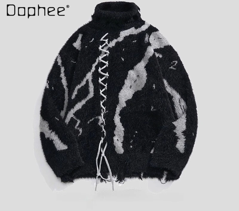 เสื้อสเวตเตอร์ไหมพรมคอวีทรงหลวมสไตล์ดาร์คแฟชั่นสำหรับผู้ชาย ดีไซน์สตรีทสุดฮิตประจำฤดูใบไม้ร่วงและฤดูหนาว ลดราคาพิเศษ