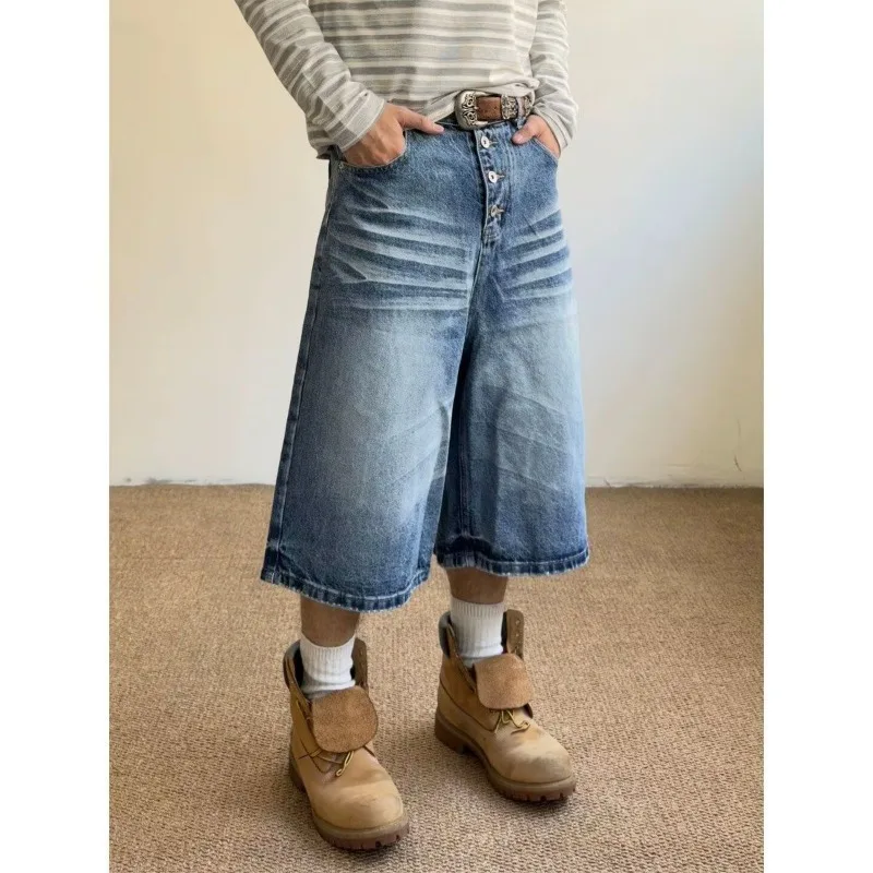 Summer Women's Cat Whisker Breasted Denim Shorts Unisex Calf-length Pants High Waist Half Trousers Female Wide Leg Streetwear