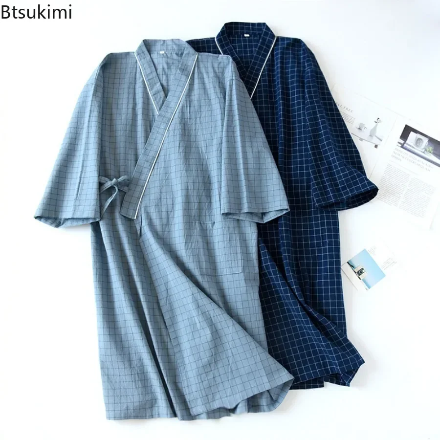 

2025 Japanese Kimono Pajama Robe for Men 100% Cotton Plaid Nightgown Lace Up Long Robes Men Bathrobe Robe Home Service Sleepwear