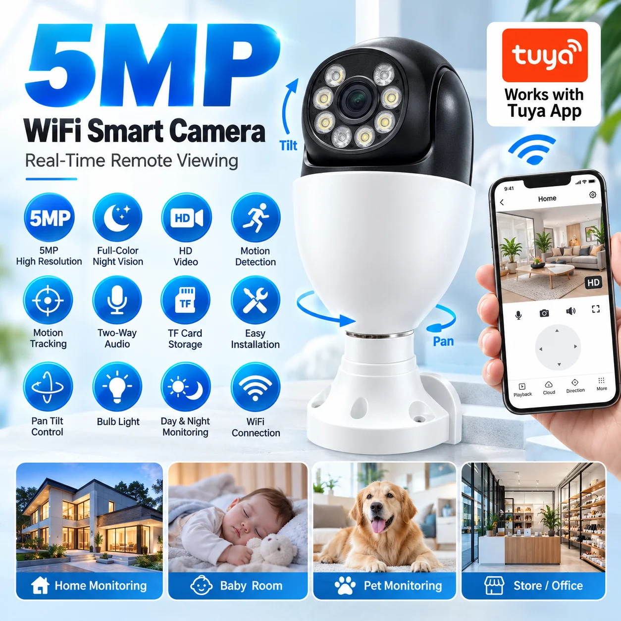 5MP Tuya E27 Light Bulb Security Camera 5GHz WiFi PTZ Outdoor Color Night Vision CCTV Smart Home Surveillance