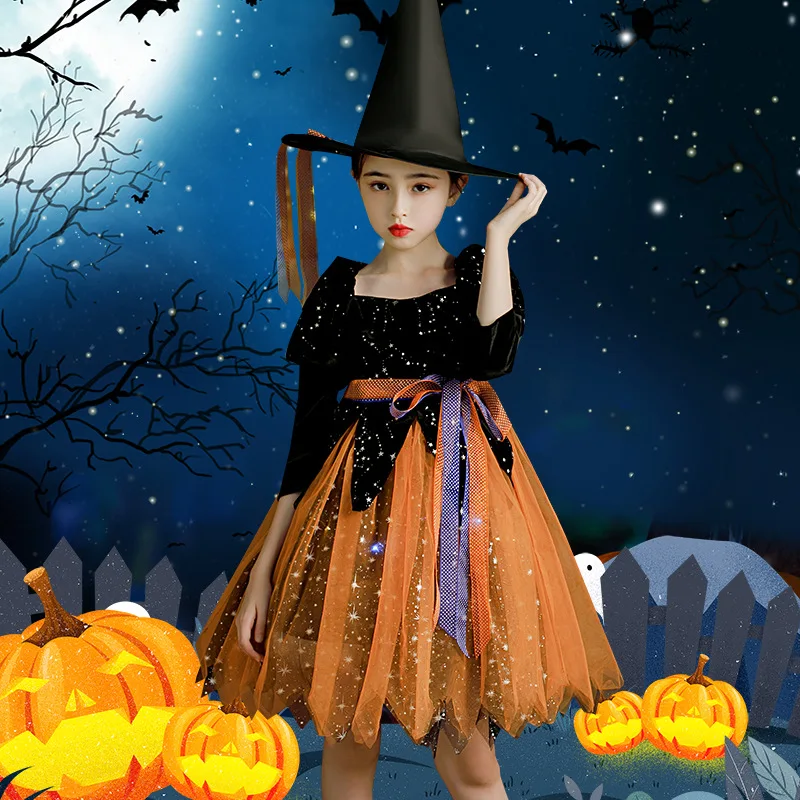 Kids Witch Halloween Costume Cosplay Girl Princess Dress With Hat Magic Wand Fashion Sequin Pumpkin Dress Girls Party Dresses