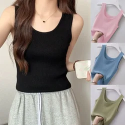Summer Knit Vest Top Sexy Sleeveless O Neck Women Camisole Pure Color Black White T-shirt Slim Tank Top Casual Plain Tees Tank
