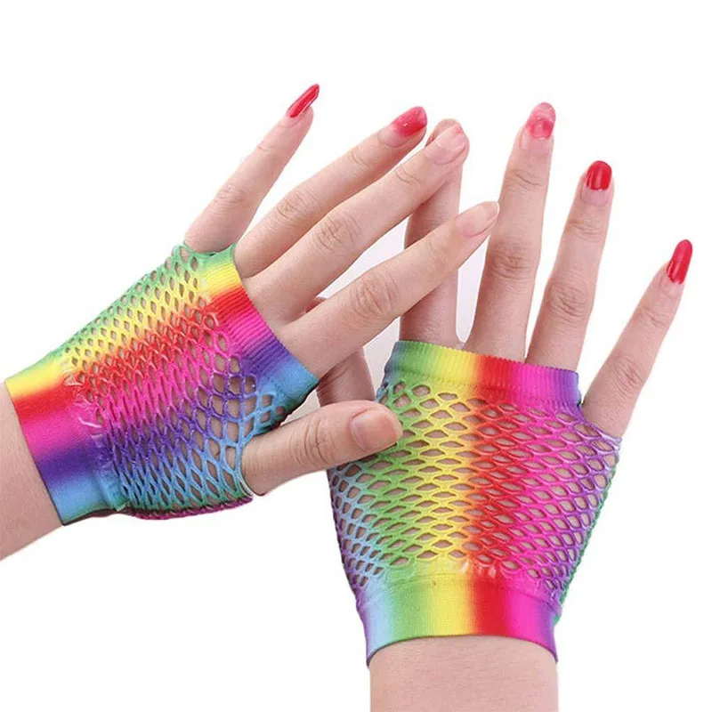 1 Pair Women Long Fishnet Net Gloves Fingerless Mesh Gloves Punk Rock Fancy Night Club Party Sexy Fashion Rainbow Short Gloves