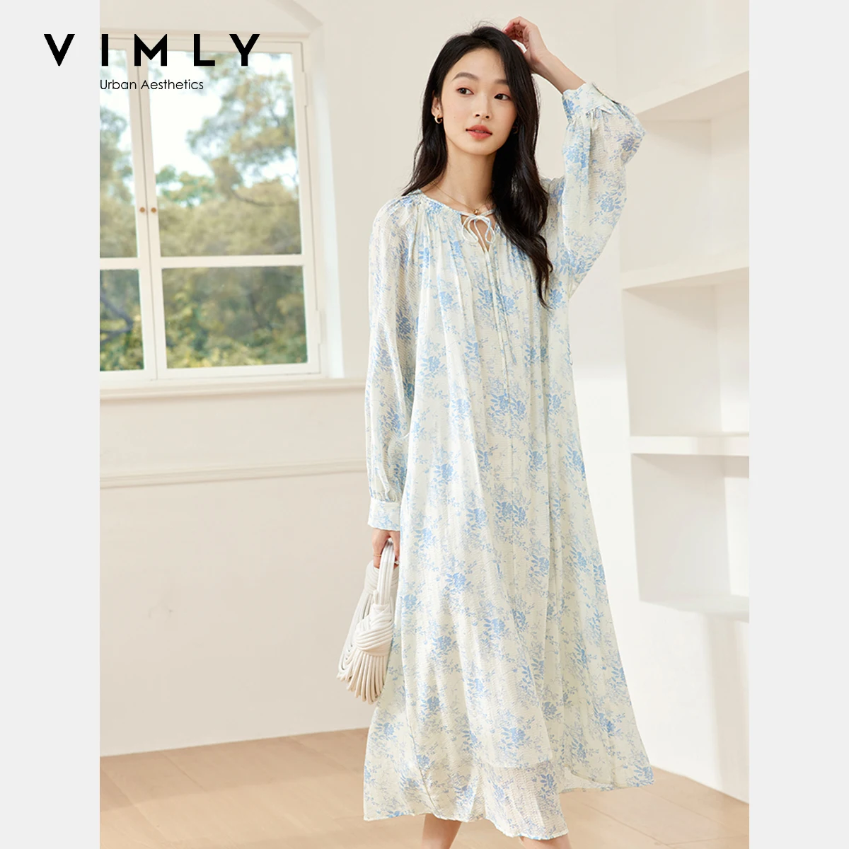 

VIMLY Women's Holiday Vacation Long Dresses Ladies 2025 Autumn Lyocell Blend Long Sleeve Tied Waist Floral Printed Dress M9057