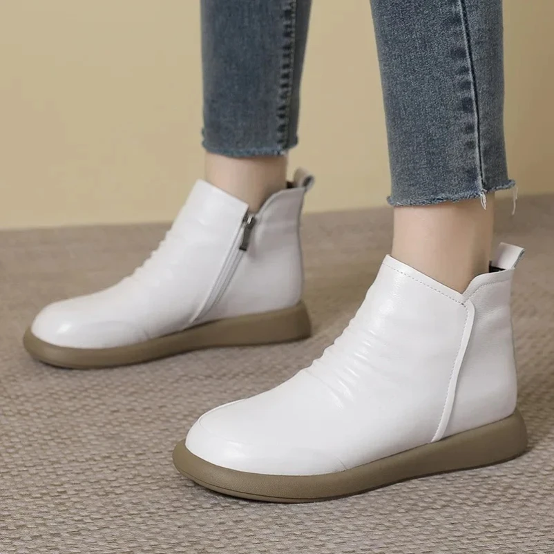 

2025 зимние ботильоны из натуральной кожи, женские мягкие туфли ручной работы на плоской подошве, удобные повседневные мокасины, ботильоны с боковой молнией