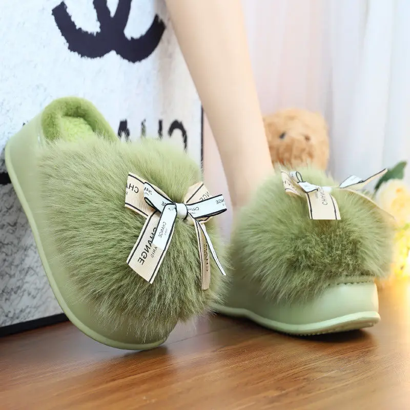 

Winter warm fur slippers for women fluffy shaggy home shoes ladies outdoor lined clogs plush slippers green platform slides shoe