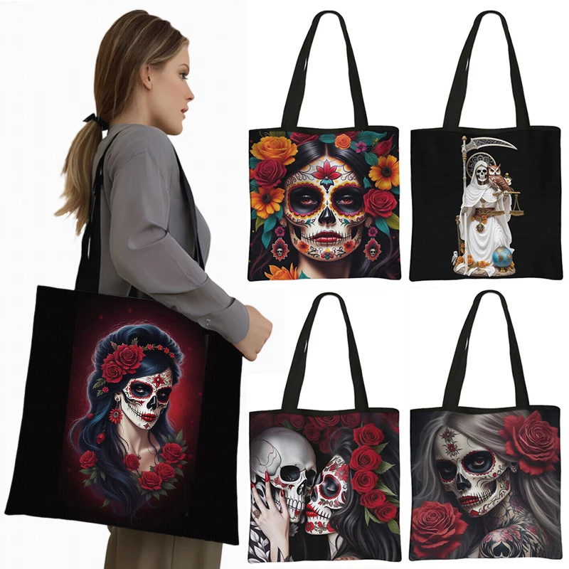 Holy Death Print Totes Bag Mexico Skull Women Handbag Santa Muerte Large Capacity Shoulder Bag for Travel Reuseable Shopping Bag