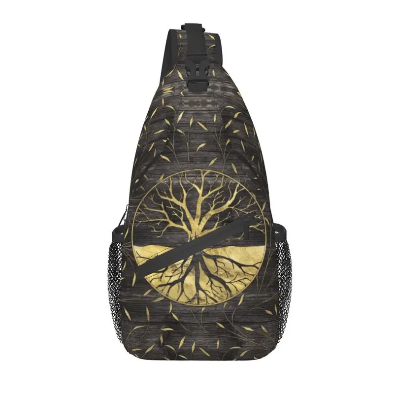 Cool Golden Tree Of Life On Wooden Texture Sling Crossbody Backpack Men Yggdrasil Shoulder Chest Bag for Travel Cycling