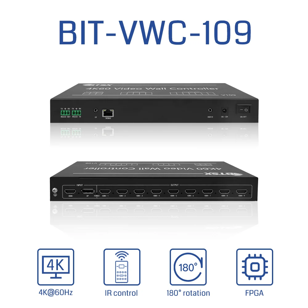 Bitvisus BIT-VWC-109 Splicing Processor,1x6 1x7 1x8 1x9 2x2 2x3 3x3 Splicing Modes,4K60Hz Input,9 HDMI Outputs & 180° Rotation
