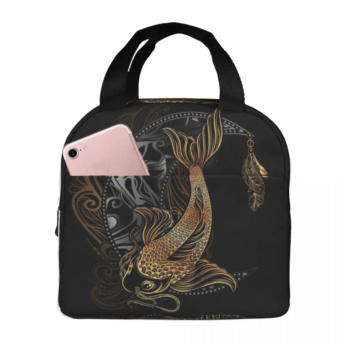 Gold Koi Carp With Lotus And Crescent Cooler Bag Portable Zipper Thermal Lunch Bag Convenient Lunch Box Tote Food Bag