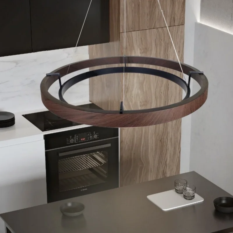 Modern minimalist LED wood grain circular pendant light living room dining room model room guest room decoration lighting