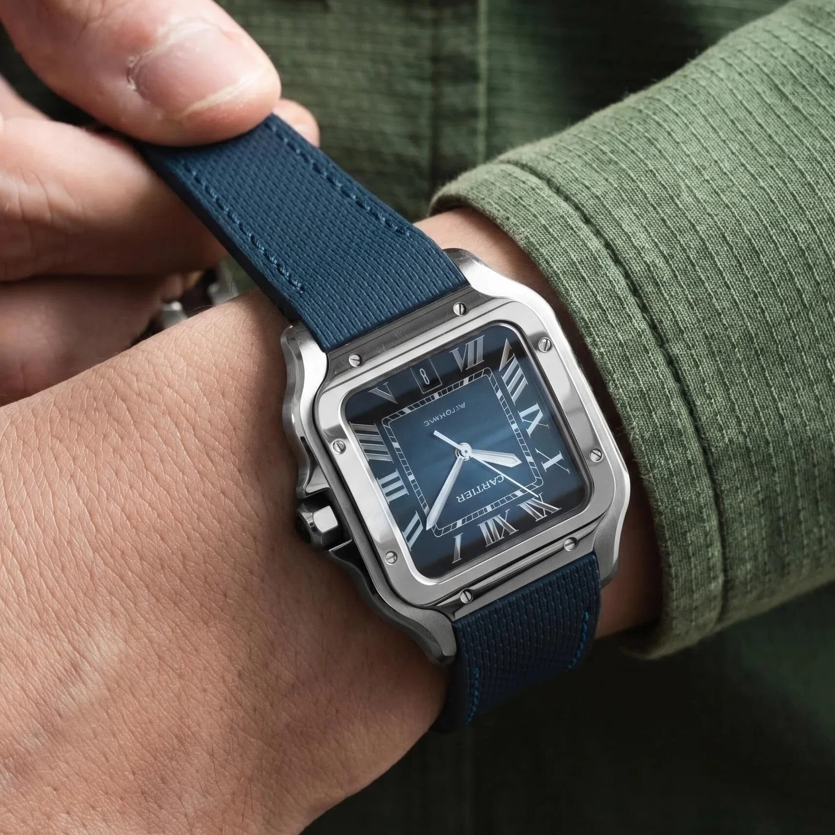 Fit For Cartier Santos Sailcloth FKM Rubber Watch Strap 19mm/21mm L/M Size With Original Steel End Linking Watch Band