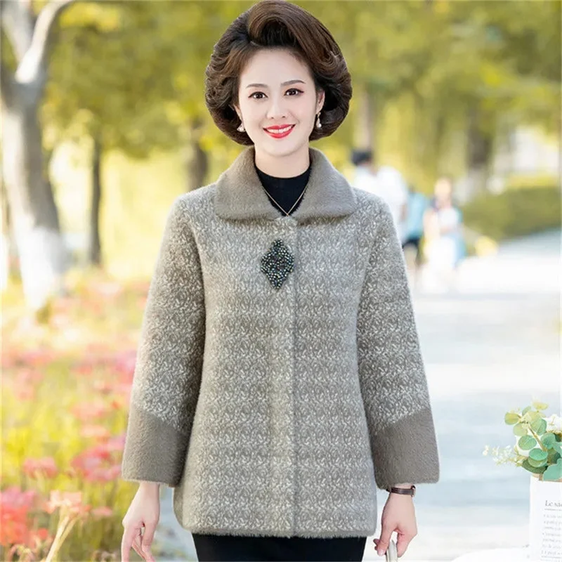 Women's Spring and Autumn Fashion Imitation Mink Fleece Coat Noble Mid Old Age Women's Autumn Casual Wool Jacket Short Fur Coat