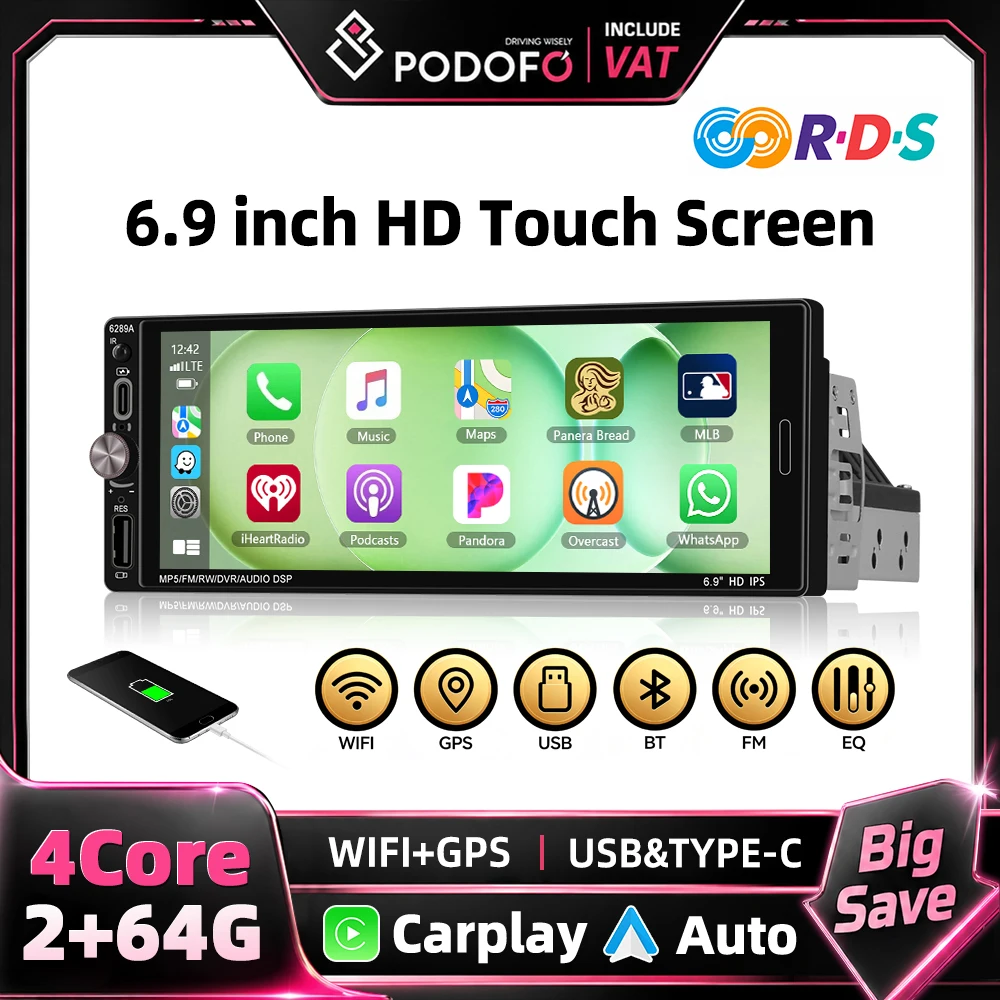 Podofo 6,9 Zoll 1 Din Universelles Android Autoradio Drahtloses Carplay und Android Auto Mirror Link AI DSP 2+64G WiFi GPS FM/RDS BT HD Kapazitiver Touchscreen Autoradio Unterstützt