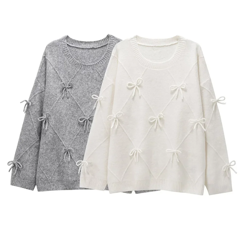 

New Sweet Bow Decoration Knitted Hoodie Women's Round Neck Long Sleeve Winter