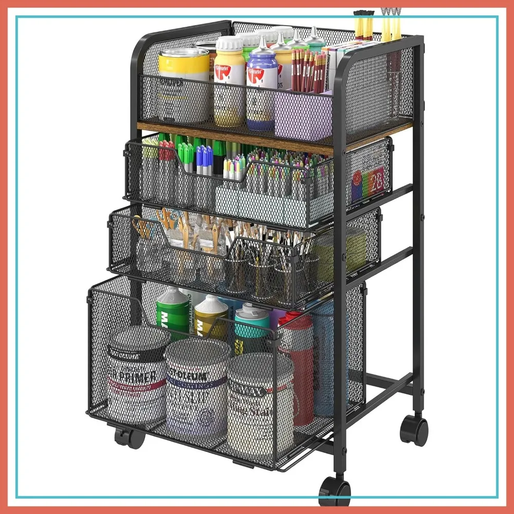 

4-Tier Rolling Utility Cart with 3 Drawers, 360° Lockable Wheels, Art Supply Storage for Brushes, Paints & Artifacts