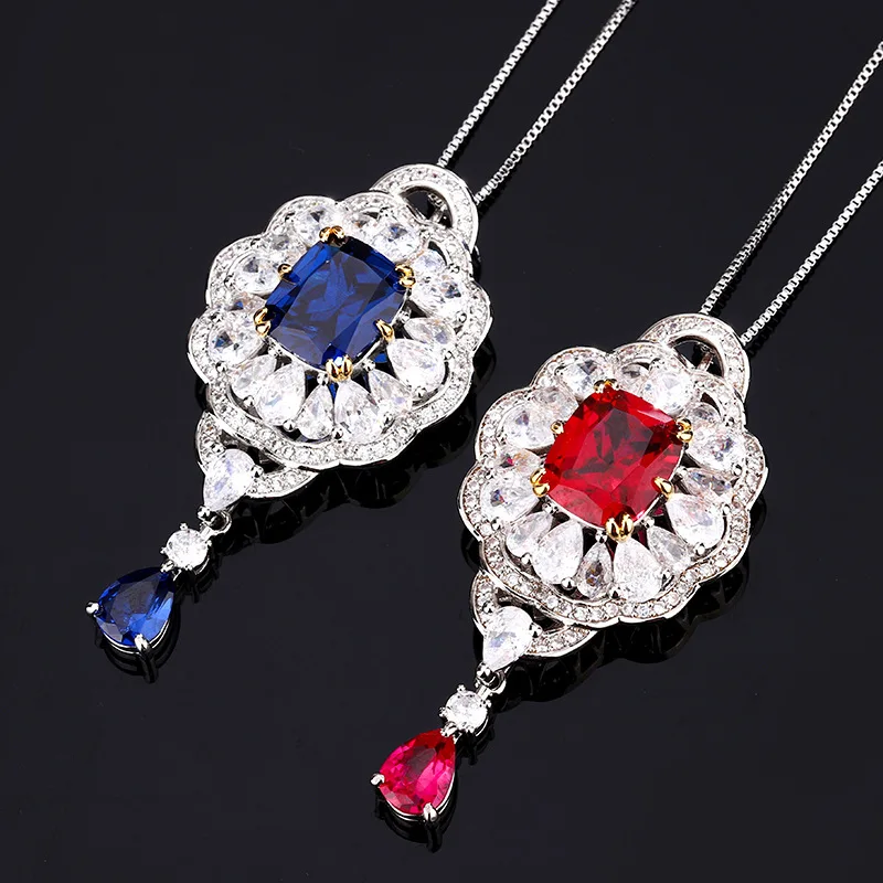 Two Tone Gold Silver Plated Cushion CZ Pendant Necklace Multi Color Imitation Gem Floral Halo Drop Women Wedding Jewelry