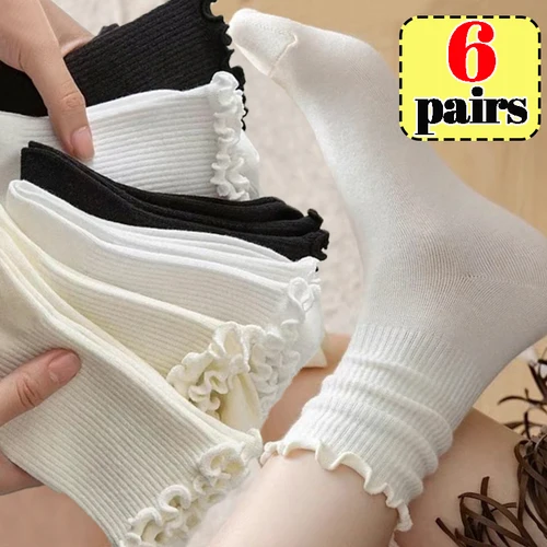 1/6 pares de calcetines con volantes de Lolita para mujer, calcetines tobilleros holgados y dulces con orejas de madera y borde rizado, medias de tubo medio, calcetines finos de algodón transpirables