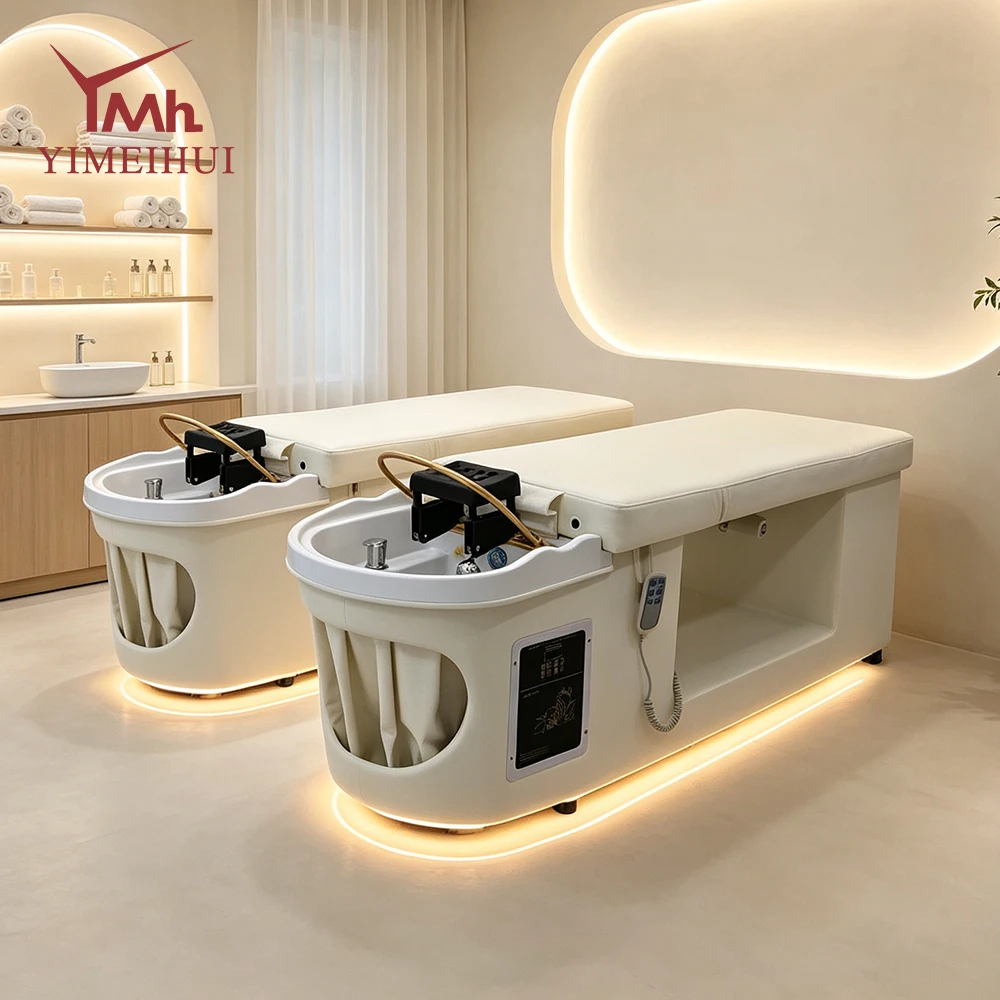 Luxury Multifunctional Thai Shampoo Beds for Hair Salon Head Spa With White Wash Basin Ample Storage Cabinets And Stool