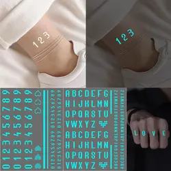 1pc Blue Luminous Tattoo Sticker For Men Women White English Letter Number Glow in the Dark Temporary Tattoos For Hand Finger