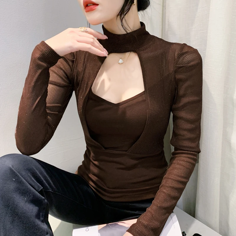 

2024 Spring Autumn Half High Collar T shirt Patchwork Fake Two Piece Mesh Tops Women Long sleeved Bottoming Shirt