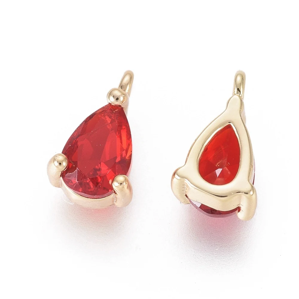 Real 18K Gold Plated Brass Charms Cadmium Free & Nickel Free & Lead Free with Cubic Zirconia Teardrop Red 8.5x5.5x3.5mm
