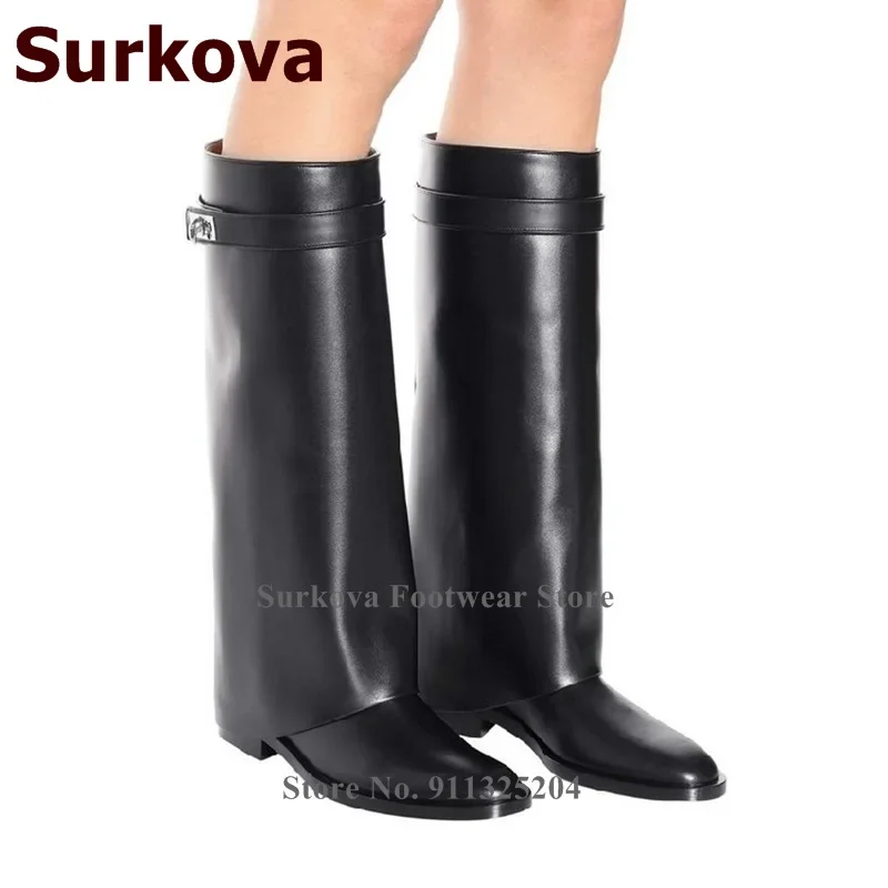 Surkova Shark Lock Low Heel Knee-High Boots Women Black Matte Leather Strap Turn Over Metal Decoration Dress Boots Chunky Heels