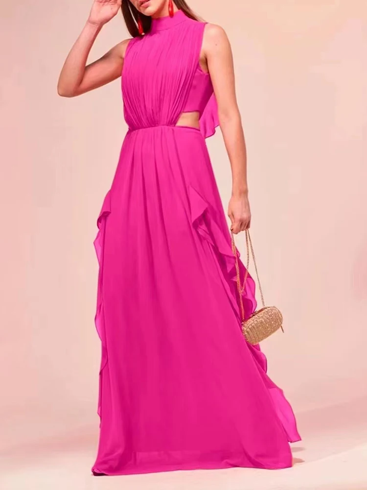 VGH Sleeveless Long Dress For Women Stand Collar Hollow Out High Waist Spliced Irregular Ruched Slim Solid Dresses Female Summer