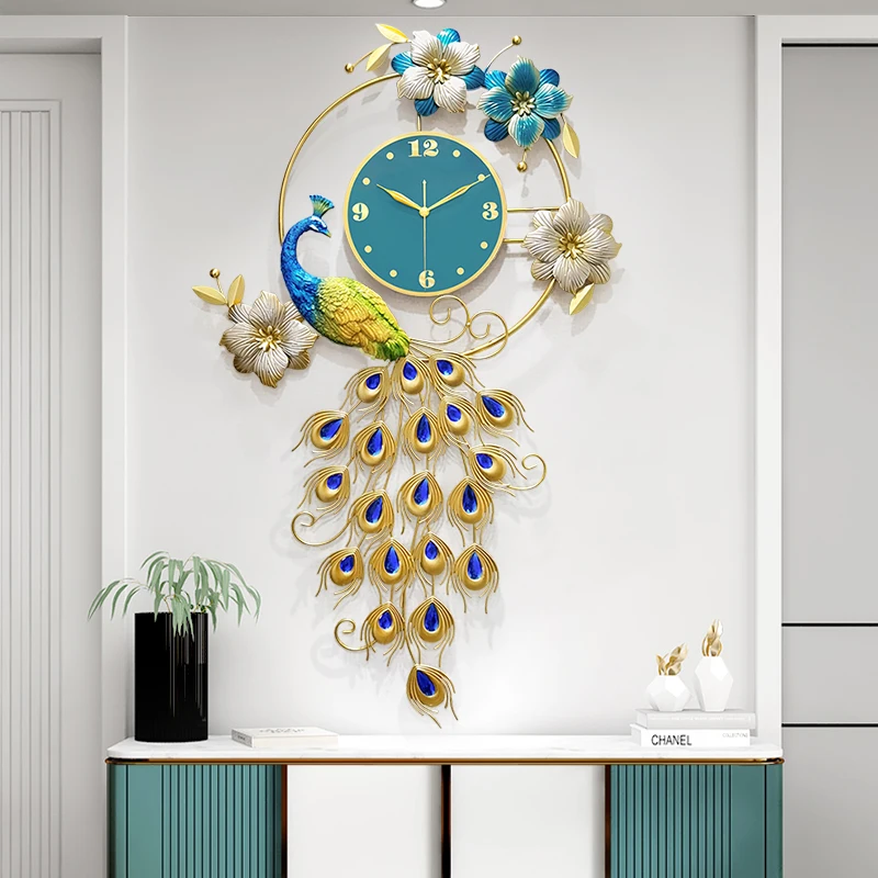 uxury Peacock and Phoenix Wall Clock for Living Room Home Metal Wall Clock Vintage European Elegant Silent Wall Decor