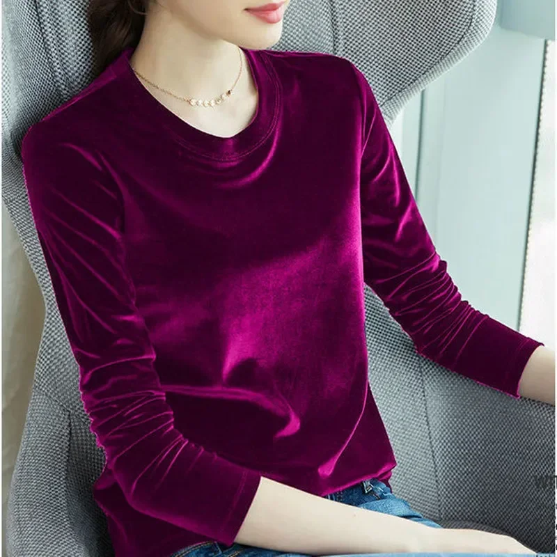 Women Warm Base Shirt O Neck Velvet T-Shirt Stretch Tees Long Sleeve Lady Chic Steet Lersure Top Fashion 2024 Autumn Winter