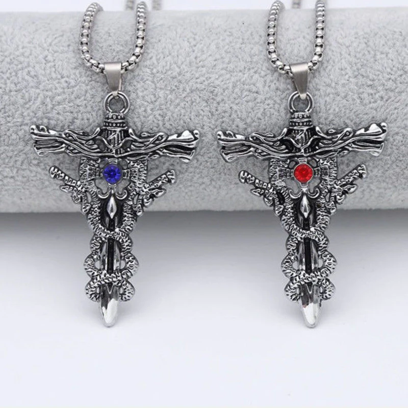 Punk Fashion Titanium Steel Necklace For Men Alloy Double Dragon Sword Pendant Choker Vintage Evil Eye Cross Jewelry Gift