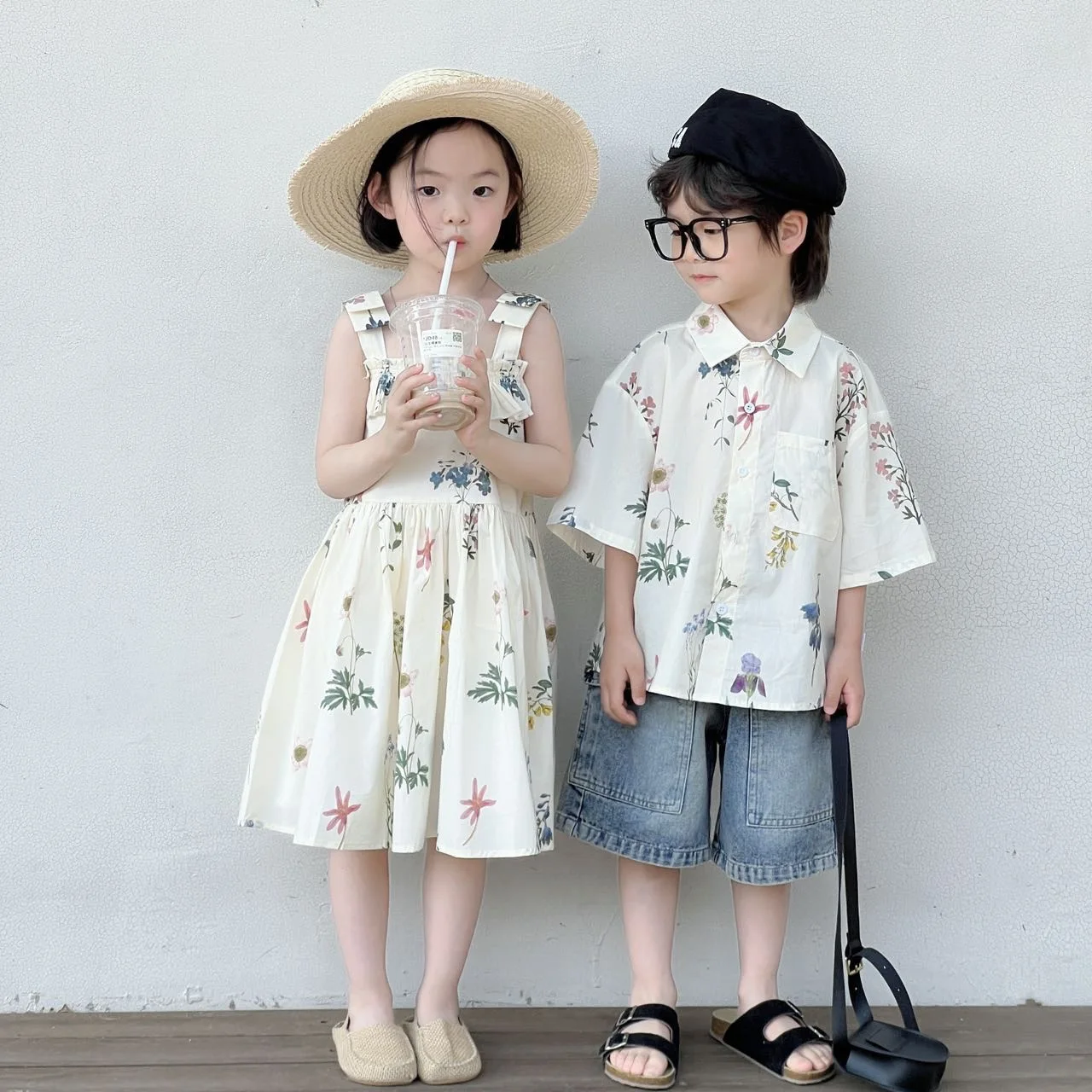 Summer Vacation Sibling Matching Outfits Girls Spaghetti Strap Princess Dress Boys Floral Shirt Korean Style Sister Brother Set